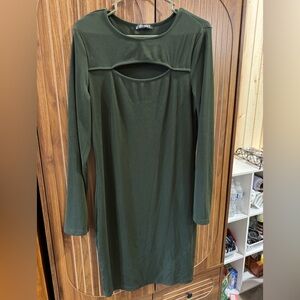 Green Mock Neck Long Sleeve Midi Dress